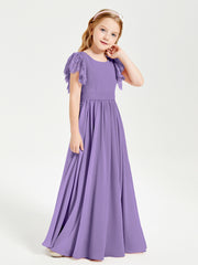 Chiffon Junior Bridesmaid Dresses Lace Flutter Sleeves Scoop Neck Tahiti