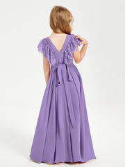 Chiffon Junior Bridesmaid Dresses Lace Flutter Sleeves Scoop Neck Tahiti