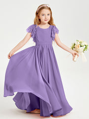 Chiffon Junior Bridesmaid Dresses Lace Flutter Sleeves Scoop Neck Tahiti