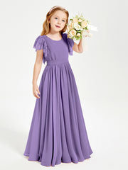 Chiffon Junior Bridesmaid Dresses Lace Flutter Sleeves Scoop Neck Tahiti