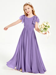 Chiffon Junior Bridesmaid Dresses Lace Flutter Sleeves Scoop Neck Tahiti