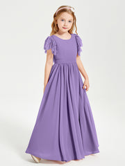 Chiffon Junior Bridesmaid Dresses Lace Flutter Sleeves Scoop Neck Tahiti