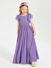 Chiffon Junior Bridesmaid Dresses Lace Flutter Sleeves Scoop Neck Tahiti