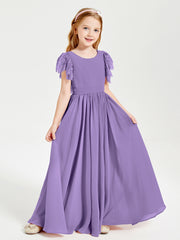Chiffon Junior Bridesmaid Dresses Lace Flutter Sleeves Scoop Neck Tahiti