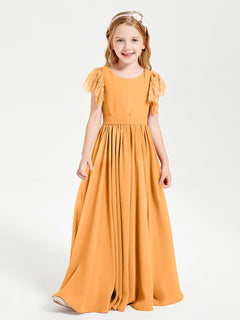 Chiffon Junior Bridesmaid Dresses Lace Flutter Sleeves Scoop Neck Tangerine