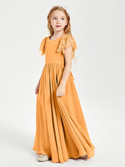 Chiffon Junior Bridesmaid Dresses Lace Flutter Sleeves Scoop Neck Tangerine