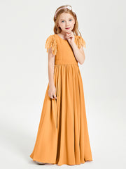 Chiffon Junior Bridesmaid Dresses Lace Flutter Sleeves Scoop Neck Tangerine