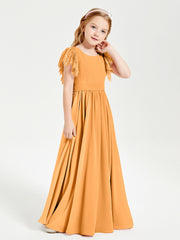Chiffon Junior Bridesmaid Dresses Lace Flutter Sleeves Scoop Neck Tangerine