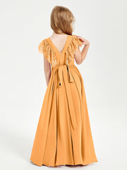 Chiffon Junior Bridesmaid Dresses Lace Flutter Sleeves Scoop Neck Tangerine