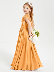 Chiffon Junior Bridesmaid Dresses Lace Flutter Sleeves Scoop Neck Tangerine