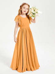 Chiffon Junior Bridesmaid Dresses Lace Flutter Sleeves Scoop Neck Tangerine