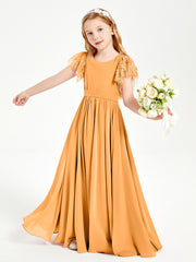 Chiffon Junior Bridesmaid Dresses Lace Flutter Sleeves Scoop Neck Tangerine