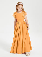 Chiffon Junior Bridesmaid Dresses Lace Flutter Sleeves Scoop Neck Tangerine