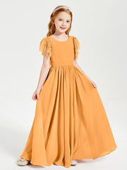 Chiffon Junior Bridesmaid Dresses Lace Flutter Sleeves Scoop Neck Tangerine