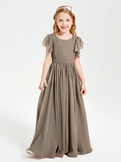 Chiffon Junior Bridesmaid Dresses Lace Flutter Sleeves Scoop Neck Taupe