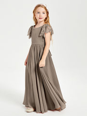 Chiffon Junior Bridesmaid Dresses Lace Flutter Sleeves Scoop Neck Taupe