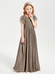 Chiffon Junior Bridesmaid Dresses Lace Flutter Sleeves Scoop Neck Taupe