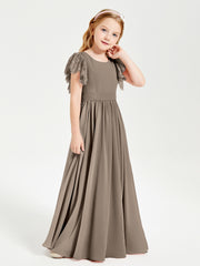 Chiffon Junior Bridesmaid Dresses Lace Flutter Sleeves Scoop Neck Taupe