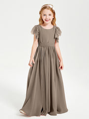 Chiffon Junior Bridesmaid Dresses Lace Flutter Sleeves Scoop Neck Taupe