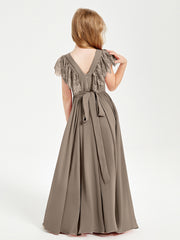 Chiffon Junior Bridesmaid Dresses Lace Flutter Sleeves Scoop Neck Taupe