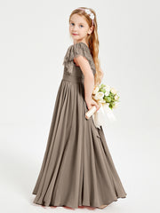 Chiffon Junior Bridesmaid Dresses Lace Flutter Sleeves Scoop Neck Taupe