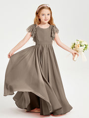 Chiffon Junior Bridesmaid Dresses Lace Flutter Sleeves Scoop Neck Taupe