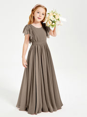 Chiffon Junior Bridesmaid Dresses Lace Flutter Sleeves Scoop Neck Taupe
