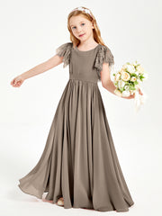 Chiffon Junior Bridesmaid Dresses Lace Flutter Sleeves Scoop Neck Taupe