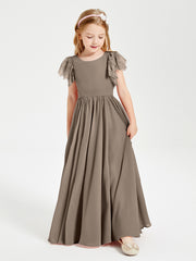 Chiffon Junior Bridesmaid Dresses Lace Flutter Sleeves Scoop Neck Taupe