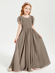 Chiffon Junior Bridesmaid Dresses Lace Flutter Sleeves Scoop Neck Taupe