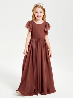 Chiffon Junior Bridesmaid Dresses Lace Flutter Sleeves Scoop Neck Terracotta