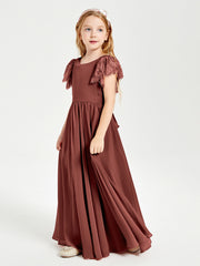 Chiffon Junior Bridesmaid Dresses Lace Flutter Sleeves Scoop Neck Terracotta