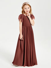 Chiffon Junior Bridesmaid Dresses Lace Flutter Sleeves Scoop Neck Terracotta