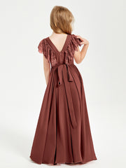 Chiffon Junior Bridesmaid Dresses Lace Flutter Sleeves Scoop Neck Terracotta
