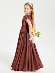Chiffon Junior Bridesmaid Dresses Lace Flutter Sleeves Scoop Neck Terracotta
