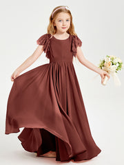 Chiffon Junior Bridesmaid Dresses Lace Flutter Sleeves Scoop Neck Terracotta