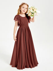 Chiffon Junior Bridesmaid Dresses Lace Flutter Sleeves Scoop Neck Terracotta