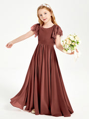 Chiffon Junior Bridesmaid Dresses Lace Flutter Sleeves Scoop Neck Terracotta