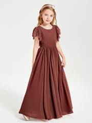 Chiffon Junior Bridesmaid Dresses Lace Flutter Sleeves Scoop Neck Terracotta