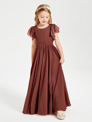 Chiffon Junior Bridesmaid Dresses Lace Flutter Sleeves Scoop Neck Terracotta