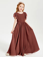 Chiffon Junior Bridesmaid Dresses Lace Flutter Sleeves Scoop Neck Terracotta