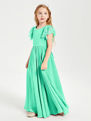Chiffon Junior Bridesmaid Dresses Lace Flutter Sleeves Scoop Neck Turquoise