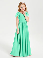 Chiffon Junior Bridesmaid Dresses Lace Flutter Sleeves Scoop Neck Turquoise