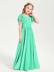 Chiffon Junior Bridesmaid Dresses Lace Flutter Sleeves Scoop Neck Turquoise