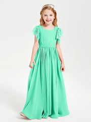 Chiffon Junior Bridesmaid Dresses Lace Flutter Sleeves Scoop Neck Turquoise