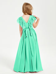 Chiffon Junior Bridesmaid Dresses Lace Flutter Sleeves Scoop Neck Turquoise