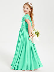 Chiffon Junior Bridesmaid Dresses Lace Flutter Sleeves Scoop Neck Turquoise