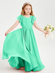 Chiffon Junior Bridesmaid Dresses Lace Flutter Sleeves Scoop Neck Turquoise