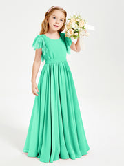 Chiffon Junior Bridesmaid Dresses Lace Flutter Sleeves Scoop Neck Turquoise