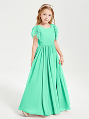 Chiffon Junior Bridesmaid Dresses Lace Flutter Sleeves Scoop Neck Turquoise